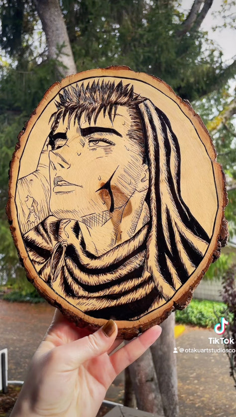 Wood Burned Portrait of Guts from Berserk