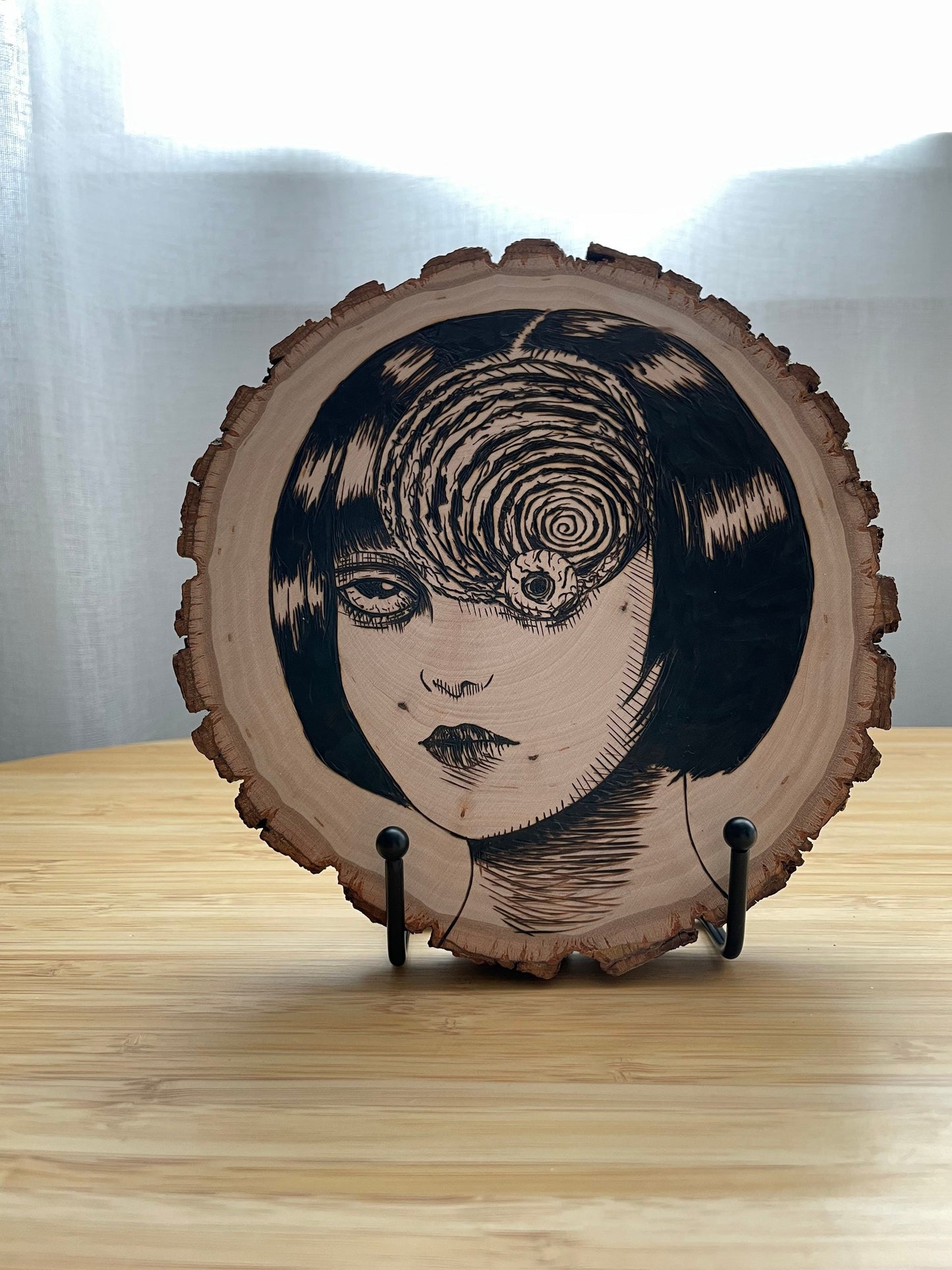 Wood Burned Portrait of spiral girl